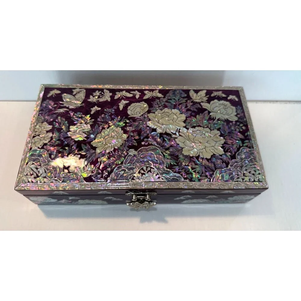 Handmade Korean Mother of Pearl Peony Jewelry Box Wooden Mirror Case Purple